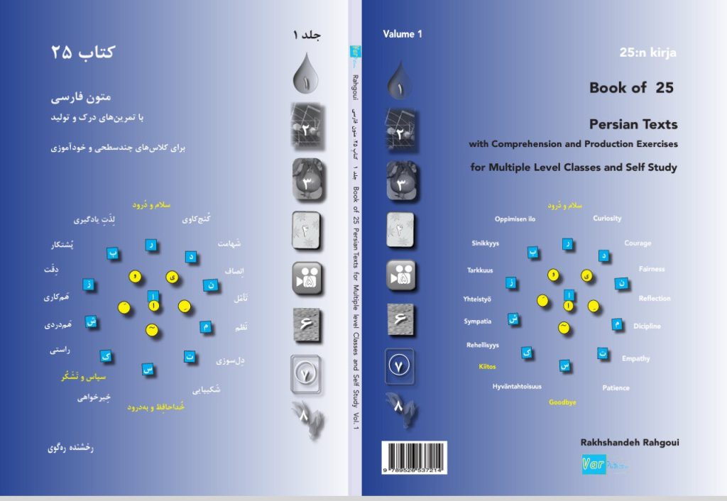 The circular design of the cover of a three-volume book of Persian language texts contains yellow circles in the center for vowels and blue squares for consonants, indicating the components that make up the text of the book. The words in the outer layer of the design highlight the goal of learning, which is personal growth. Learning should promote qualities such as empathy, patience, curiosity, collaboration, courage, and fairness. The images on the edges of the cover represent the texts of the book.