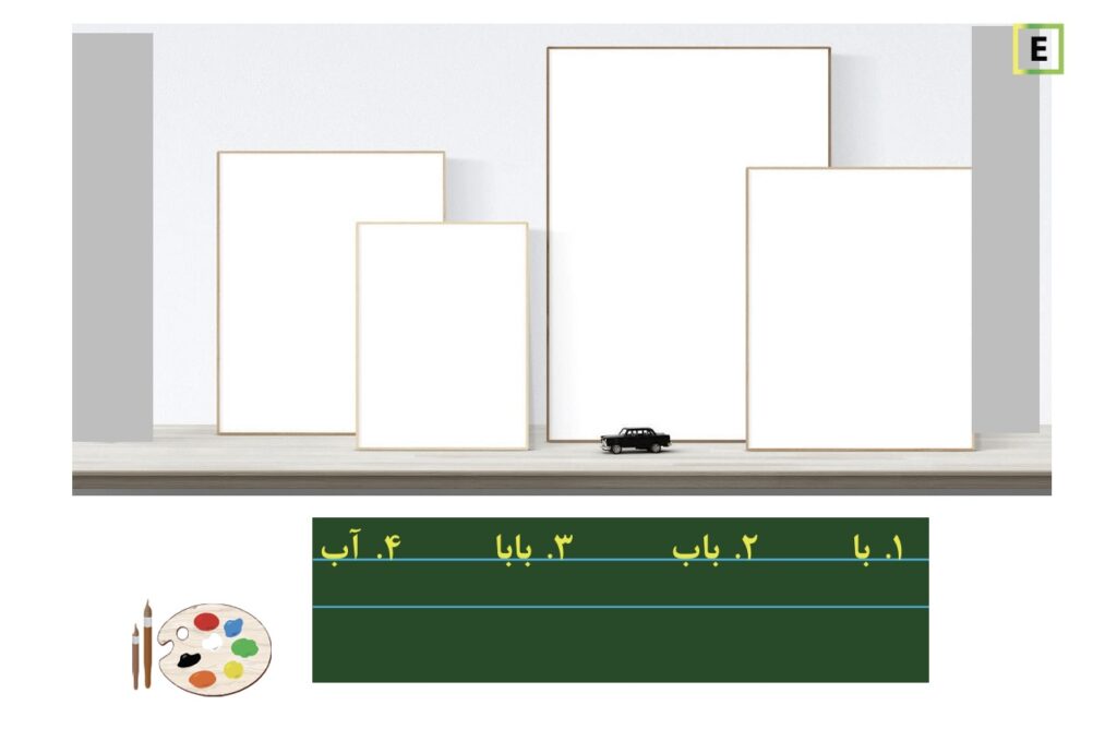 In the picture: 4 words on a blackboard, 4 canvases waiting the words to be drawn on them در عکس: ۴ کلمه روی تخته‌سیاه. ۴ بوم نقاشی در انتظار نقاشی از آن کلمه‌ها 4 sanaa liitutaululla, 4 kangasta odottamassa, että sanat piirretään niille