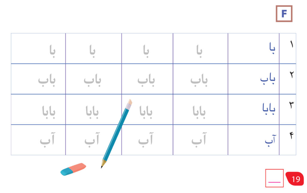 In the picture: a blue pencil and eraser with 4 Persian words to be read and highlighted در عکس مداد و پاک‌کن با ۴ کلمه‌ی فارسی برای خواندن و پررنگ کردن Kuvassa kynä, kumi ja 4 persian sanaa luettavaksi ja vahvistettavaksi.