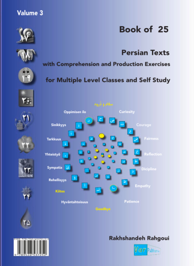 The circular design of the cover of a three-volume  book of Persian language texts contains yellow circles in the center for vowels and blue squares for consonants, indicating the components that make up the text of the book. The words in the outer layer of the design highlight the goal of learning, which is personal growth. Learning should promote qualities such as empathy, patience, curiosity, collaboration, courage, and fairness. The images on the edges of the cover represent the texts of the book.
